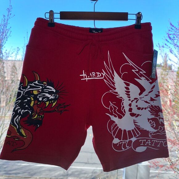 Ed Hardy NWT Mens Shorts Medium Red Hellcat Tattoo Fleece Y2K - Picture 1 of 11
